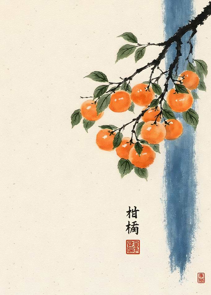 Traditional Chinese Ink Painting of Oranges