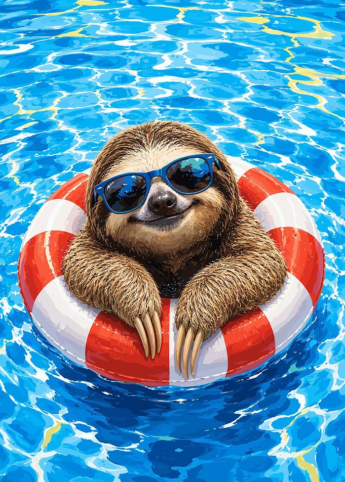 Cool Sloth Pool Party Poster with Sunglasses Summer Animal Wall Art