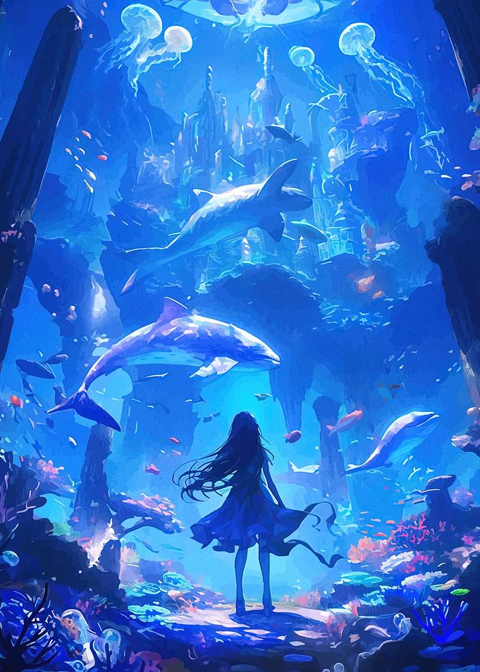 Girl Exploring Underwater Fantasy Kingdom