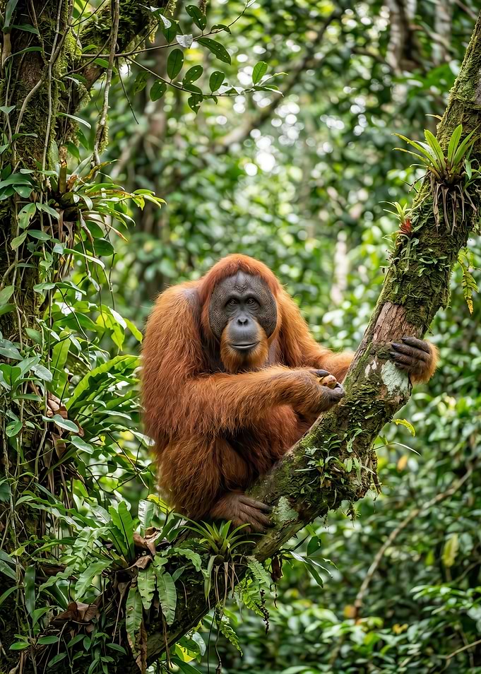 Orangutan Resting in Lush Rainforest