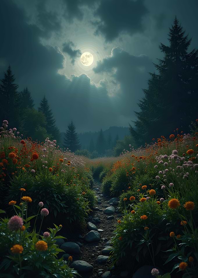 Moonlit Path Through Wildflower Meadow