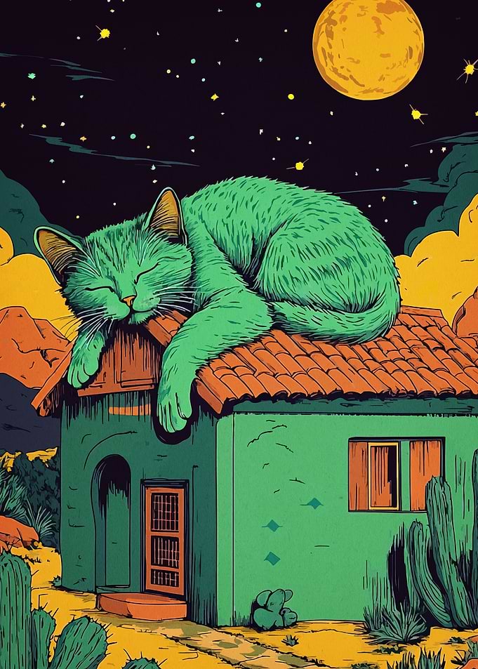 Green Cat Sleeping on Desert House