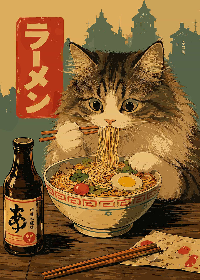 Fluffy Cat Eating Ramen Poster