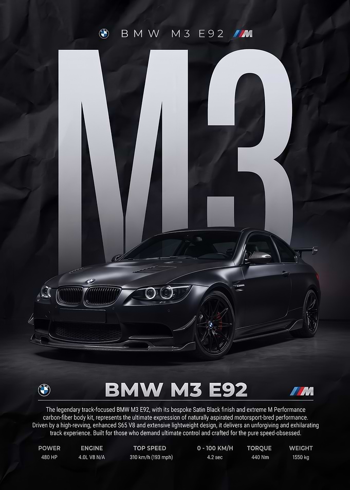 black sleek BMW M3 E92 Performance car Poster
