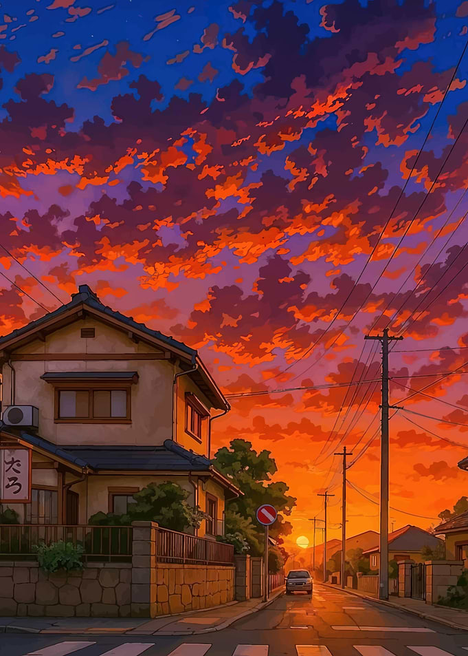 Vibrant Sunset Over Japanese Street
