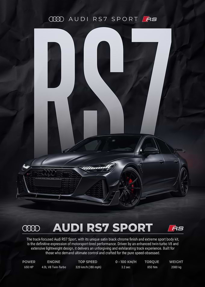 black sleek Audi RS7 Sport Performance Poster