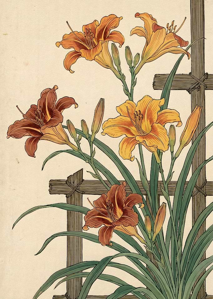 Vintage Botanical Illustration of Daylilies