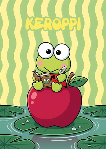 Keroppi Reading on an Apple