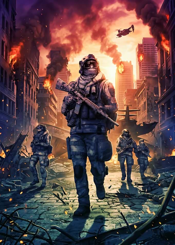 Soldiers in War-Torn City