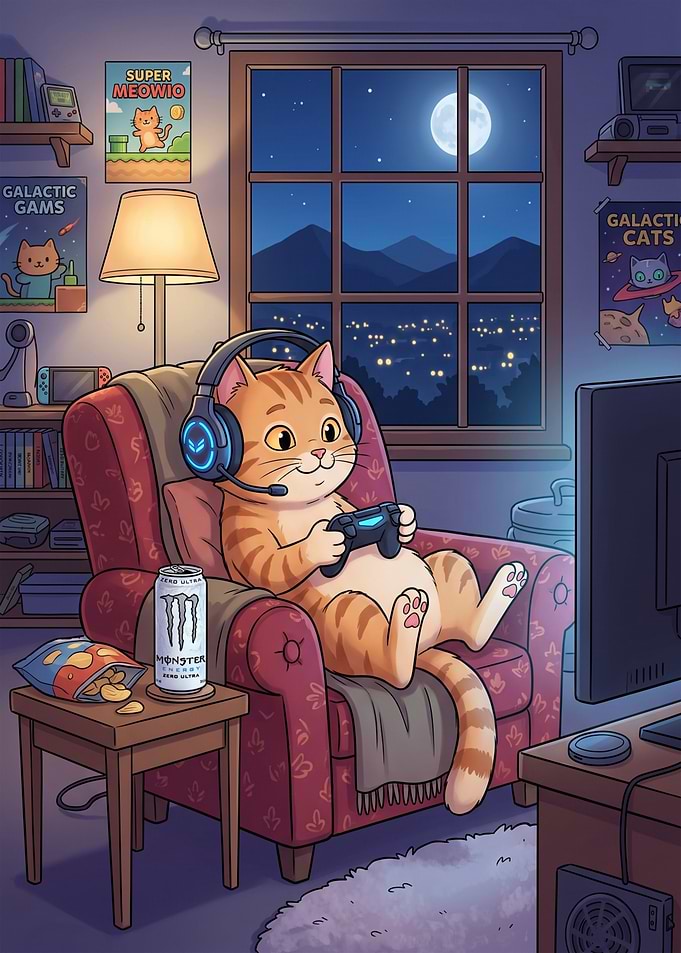 Gamer Cat tonight with Monster Energy drink