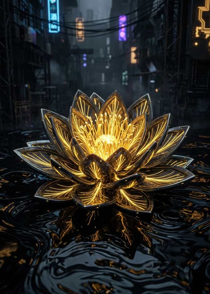 Cyberpunk Golden Lotus Flower