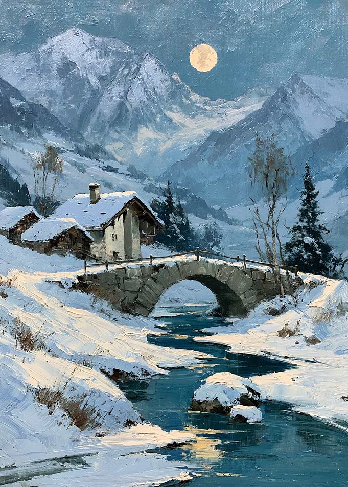 Moonlit Alpine Cottage by a Snowy Stone Bridge