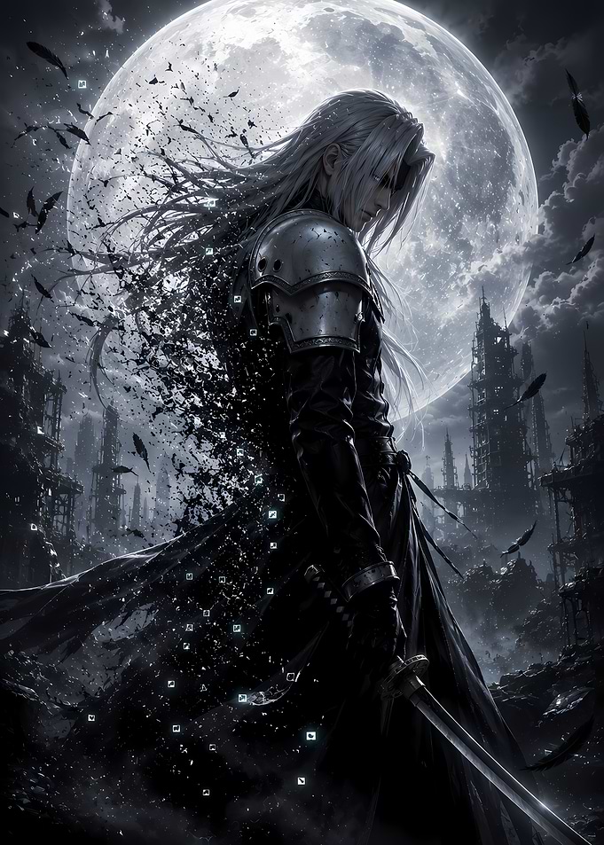 Sephiroth Standing Before a Full Moon
