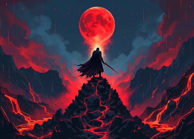 Warrior Standing Under Blood Moon