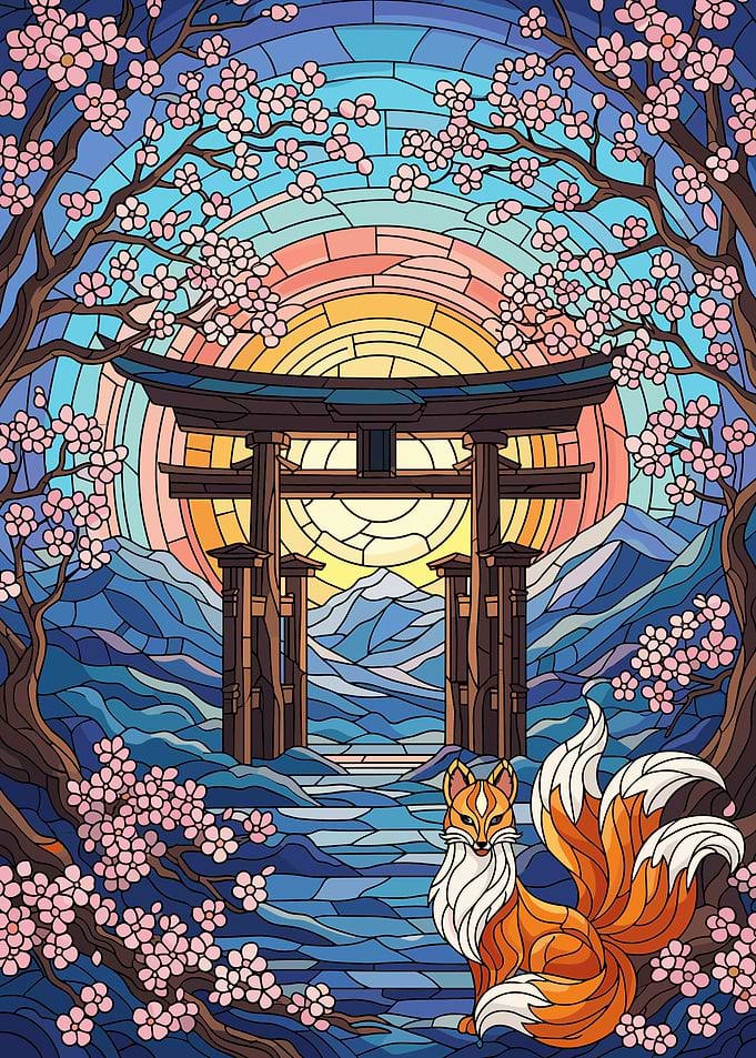 Stained Glass Kitsune and Torii Gate