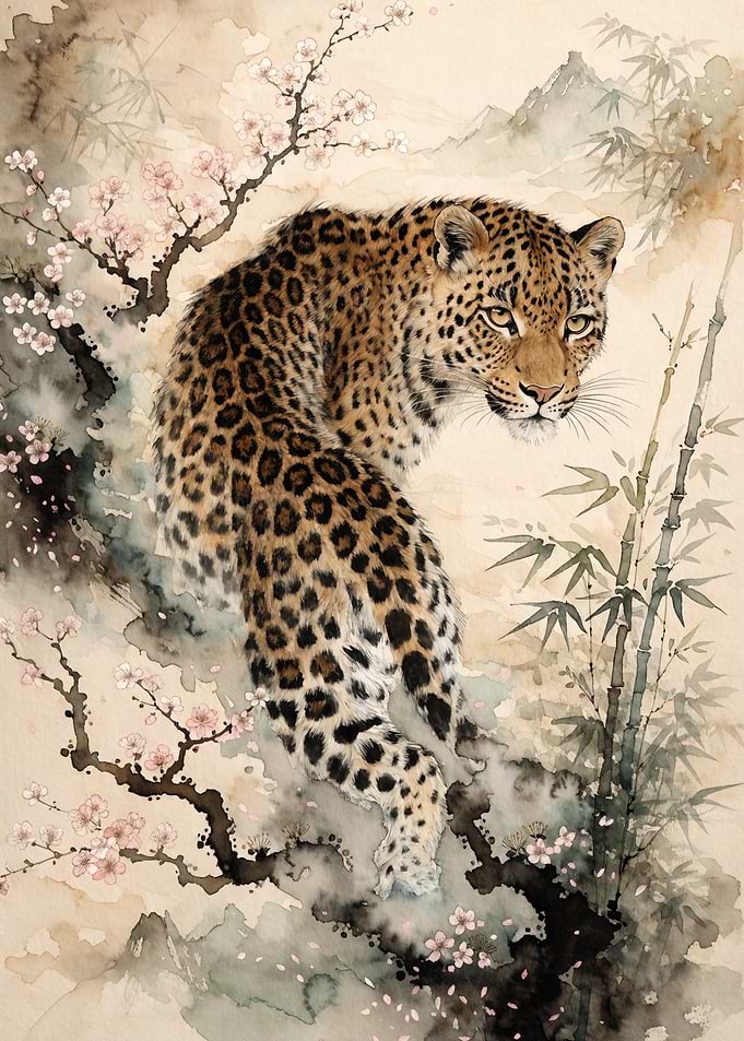 Watercolor Leopard Among Cherry Blossoms