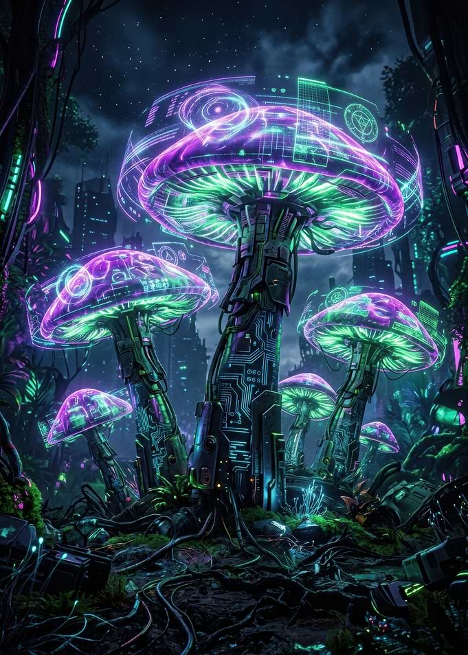 Cybernetic Neon Mushroom Forest