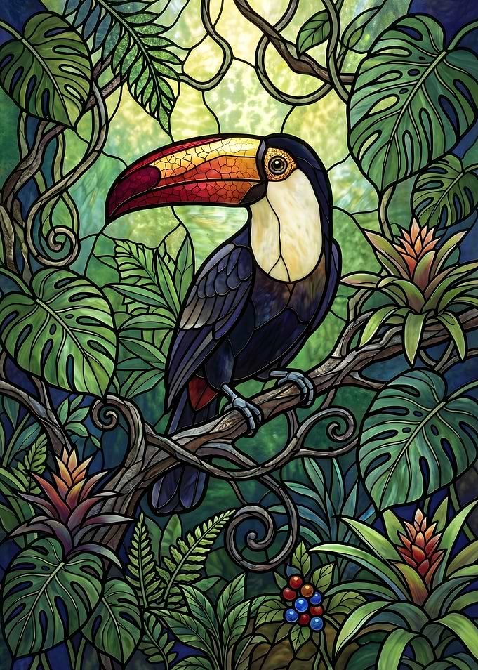 Stained Glass Toucan in Jungle
