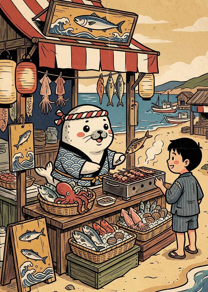 Cute Seal Chef at Beach Stall