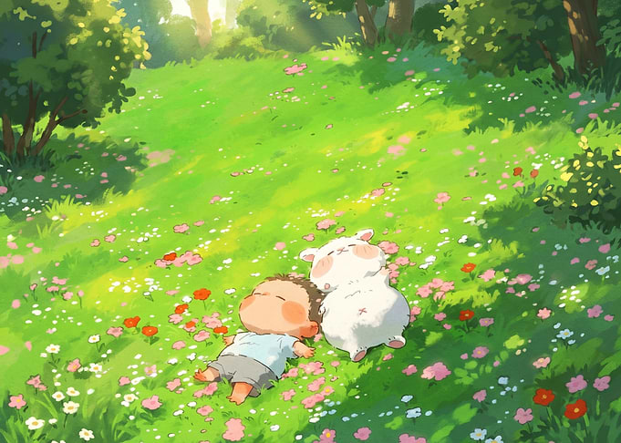 Boy and Bunny Napping in Meadow