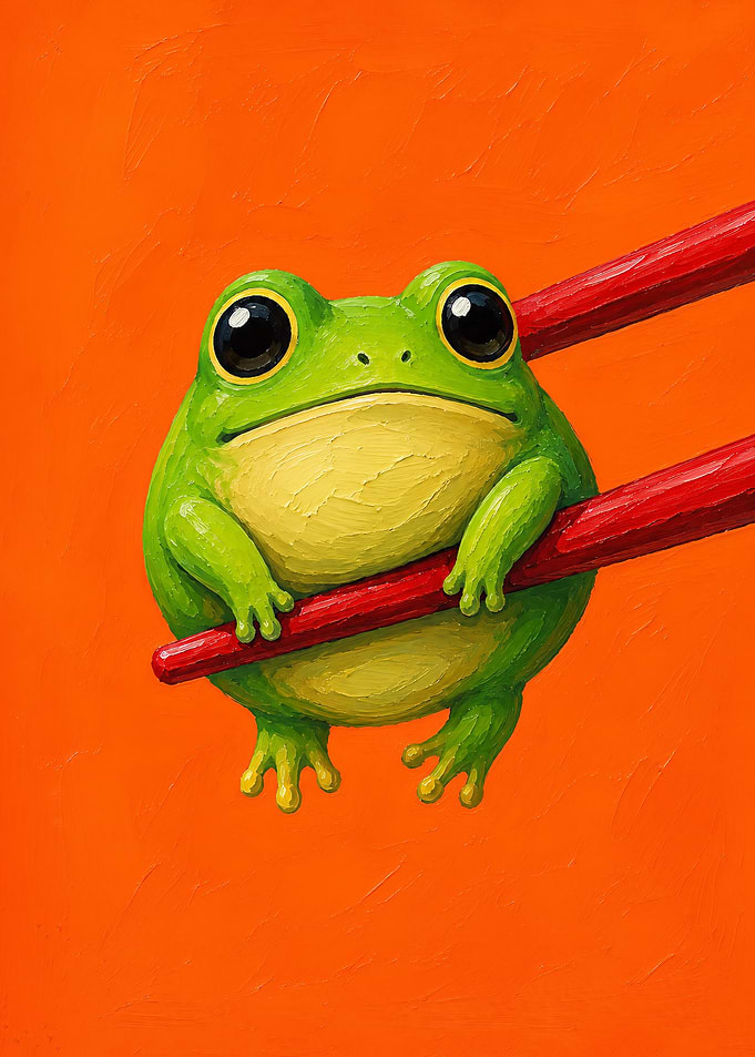 Cute Green Frog Held by Chopsticks