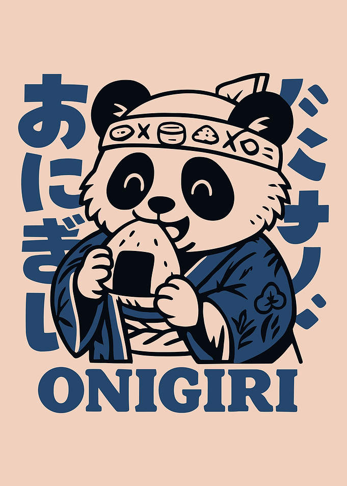 Cute Panda Eating Onigiri Japanese Pop Art Poster | Kawaii Kimono Wall Art
