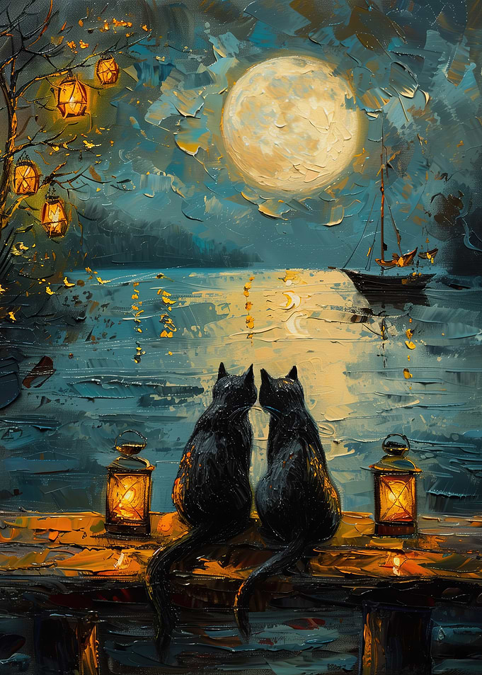Two Cats Watching the Moonlit Lake