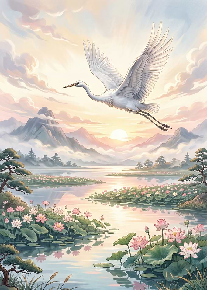 A stunning illustration of a graceful white crane soaring above reflective lakes