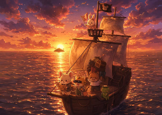 Cute Animal Crew Sailing at Sunset