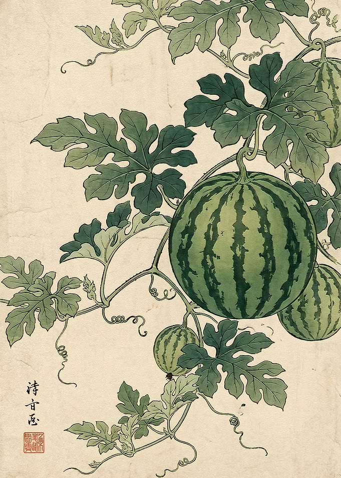 Traditional Japanese Watermelon Botanical Illustration