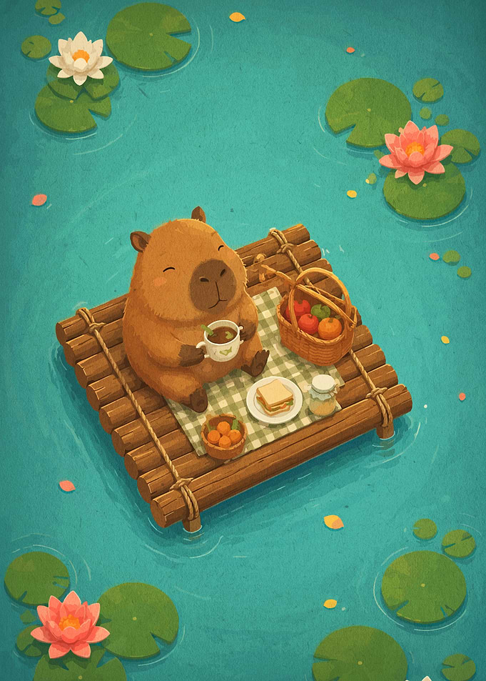 Capybara Having a Picnic on Raft