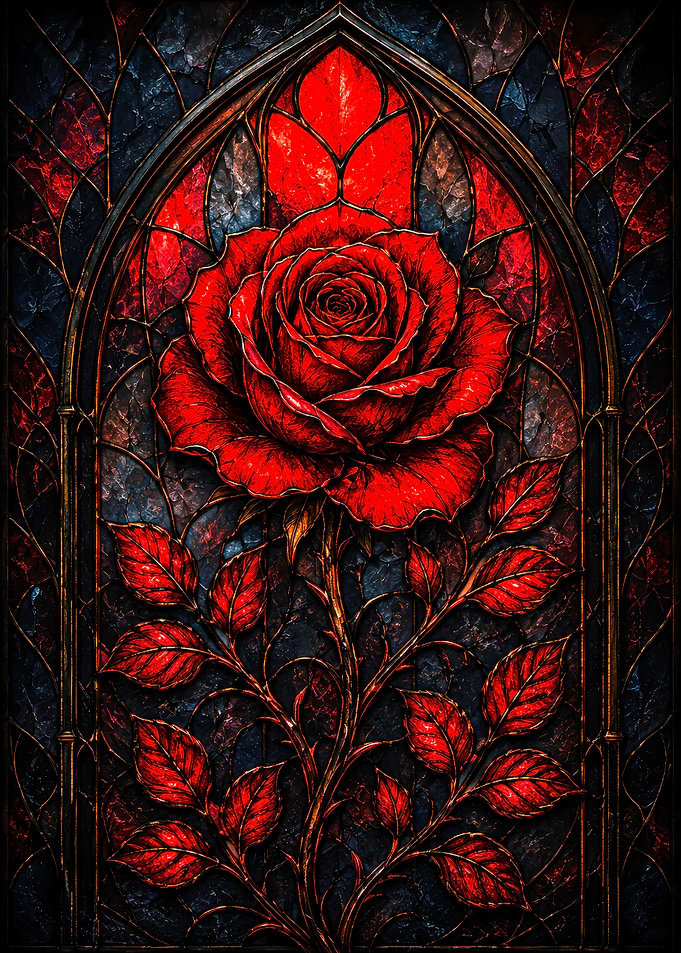 Gothic Stained Glass Red Rose