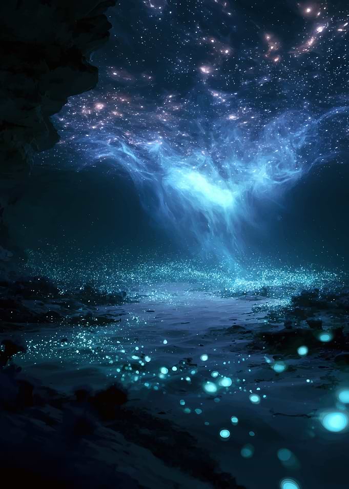 Ethereal Bioluminescent Cave Under Starry Sky