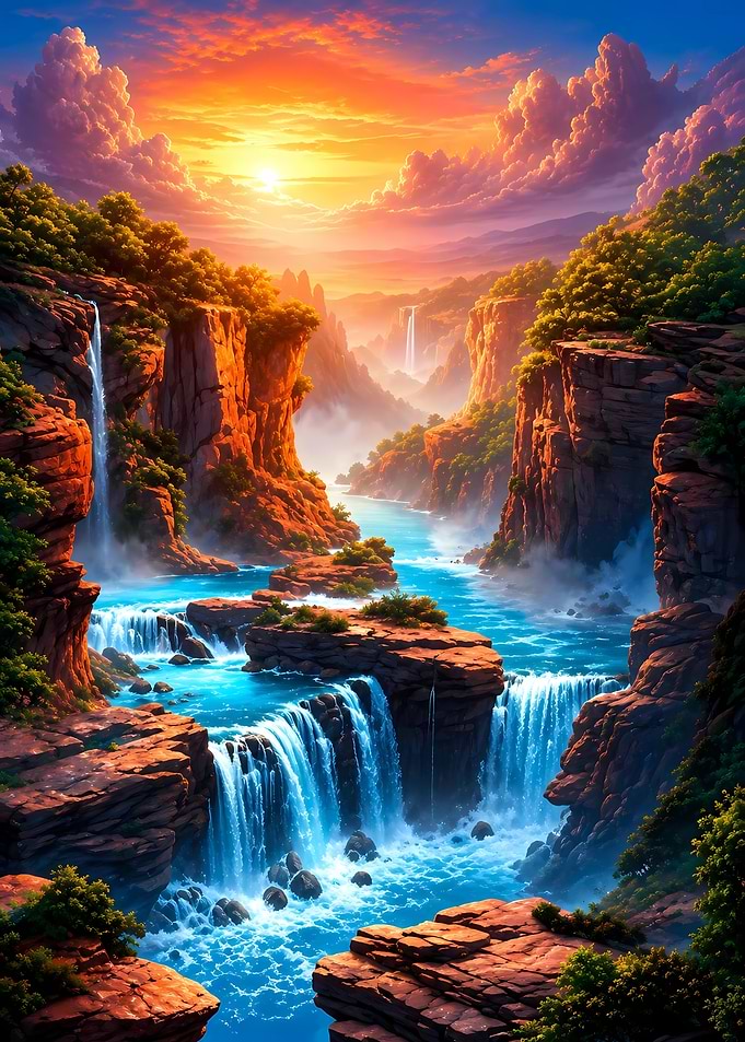 Vibrant Canyon Waterfall at Sunset
