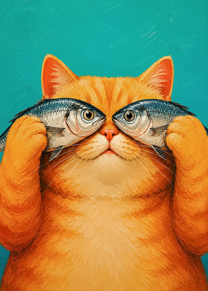 Funny Ginger Cat Holding 2 Fish