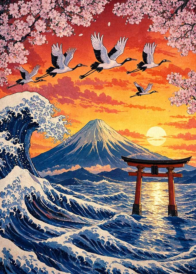 Mount Fuji with Cranes and Wave