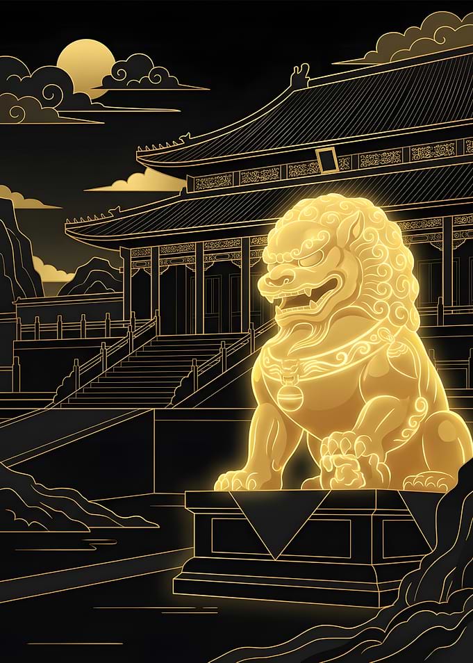 Glowing Golden Chinese Guardian Lion
