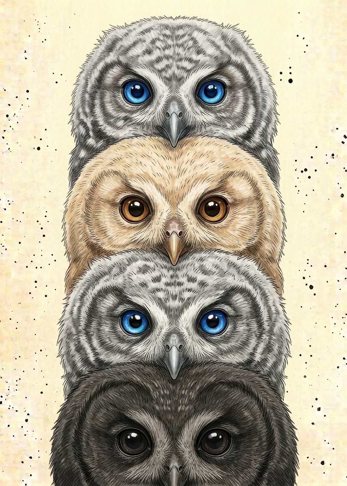 Four Stacked Owls Illustration