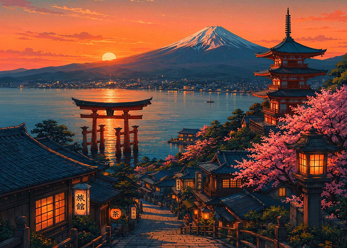 Mount Fuji Sunset Japanese Village View