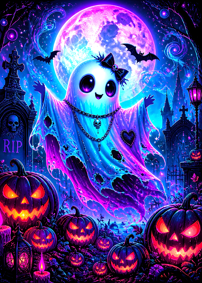 Cute Neon Halloween Ghost and Pumpkins