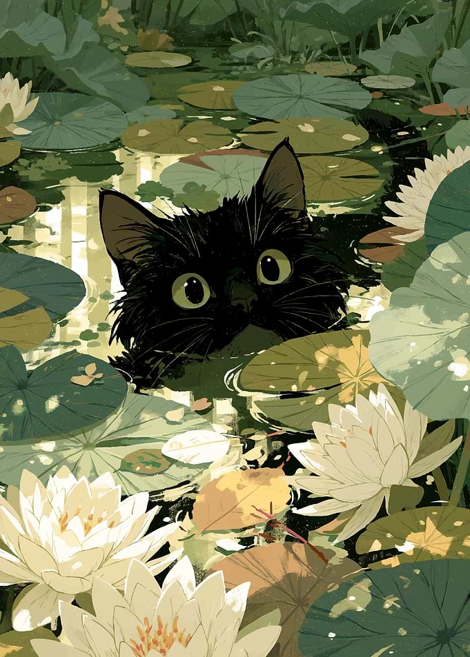 Black Cat in Water Lily Pond
