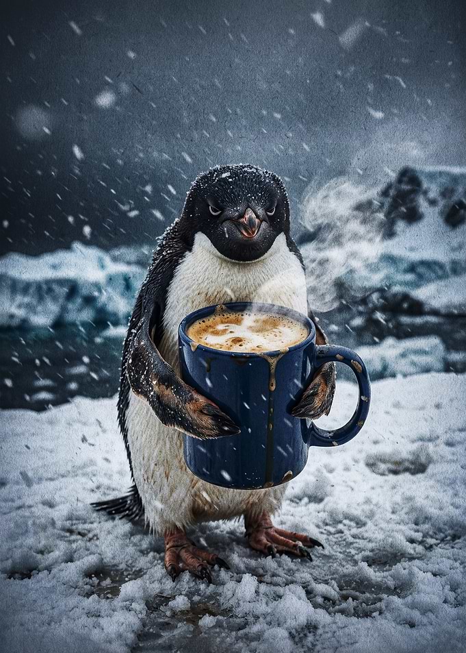 Penguin Holding a Hot Coffee Mug