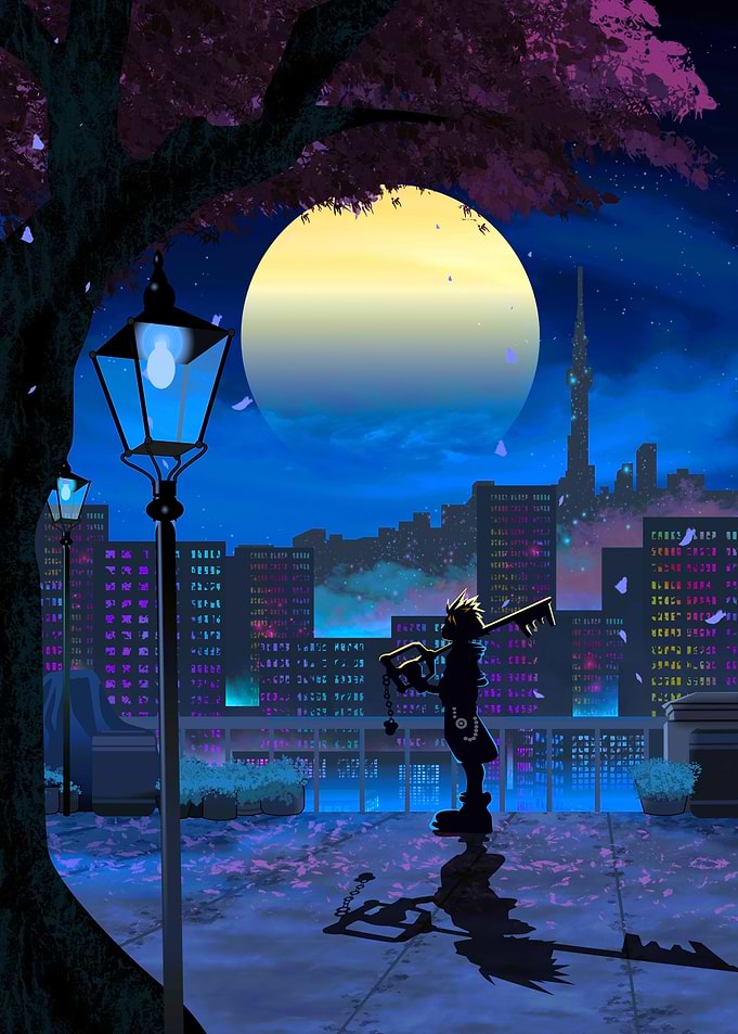 Sora Standing Under Moonlight Cityscape