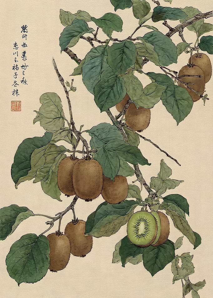 Traditional Style Kiwi Fruit Botanical Illustration