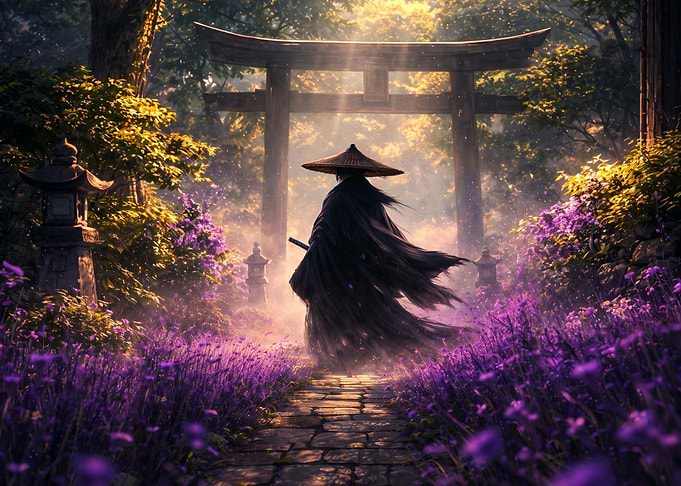Samurai Walking Through Torii Gate