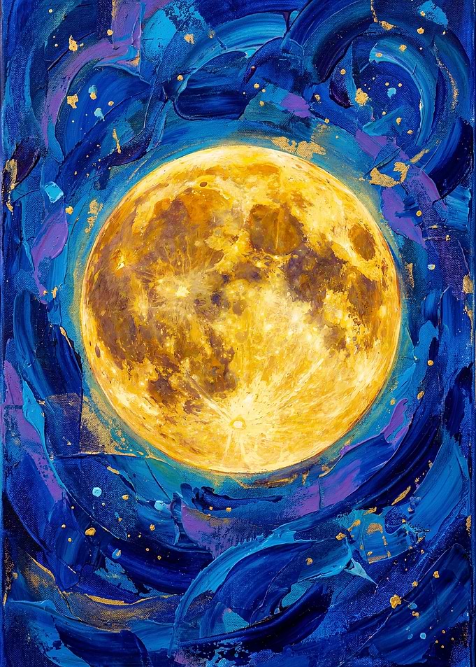 Golden Moon Blue Celestial Art