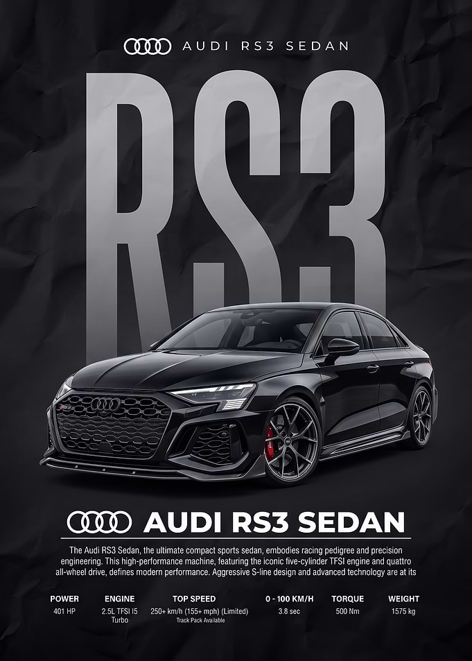 black sleek Audi RS3 Sedan car Poster