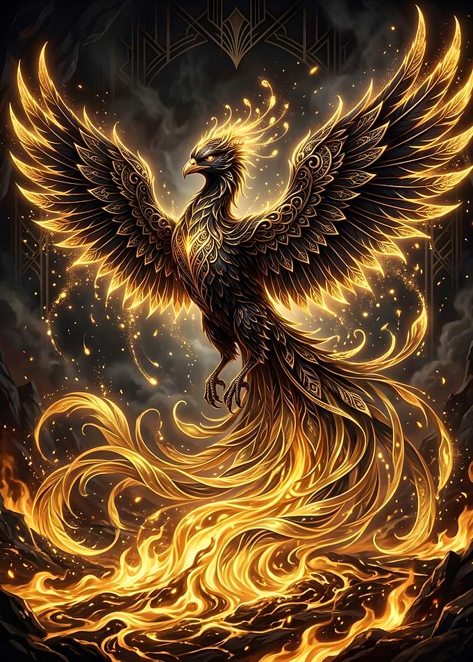 Majestic Golden Phoenix Rising from Fire