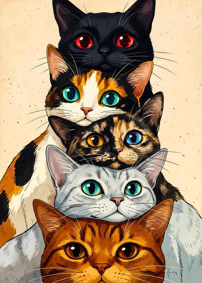 Stack of Five Colorful Cats