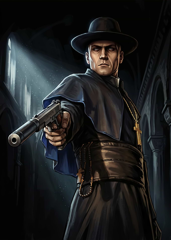 Armed Priest in Dark Church